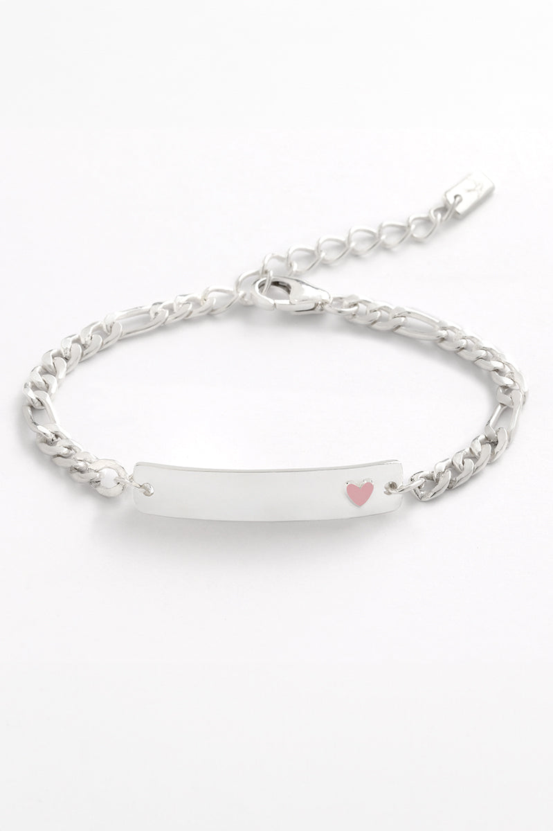 Pink Darling Silver Bracelet with engraved bar and pink heart, designed for babies, kids, or adults as a timeless keepsake.