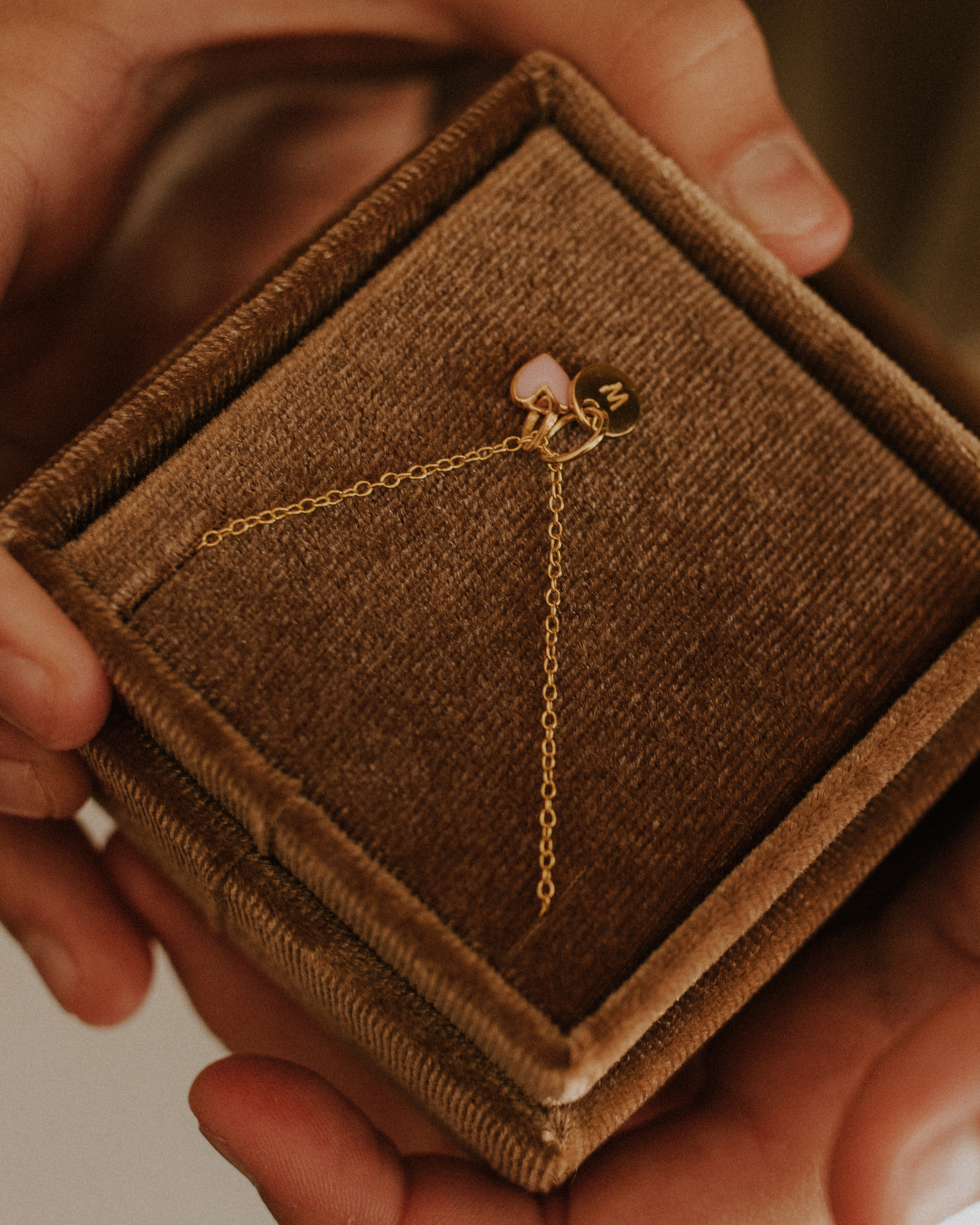 Pink Petite Darling gold necklace with engraved disc and heart charm in velvet gift box