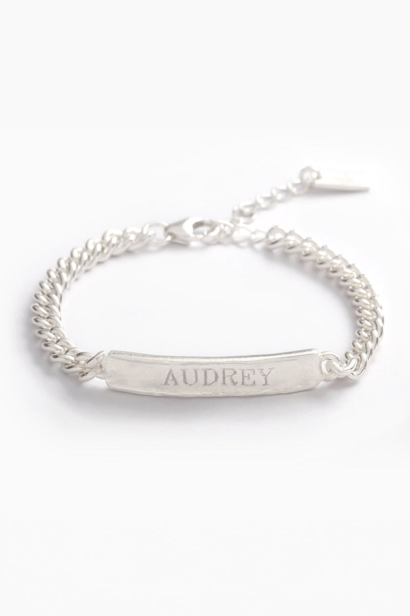 engraved silver signature bracelet by Bluebird Jewellery.