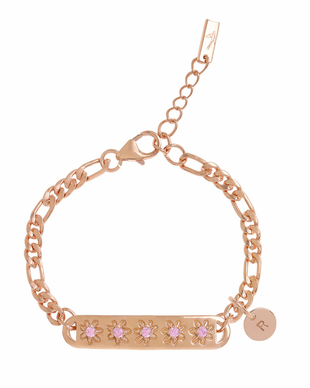 A detailed image of the rose gold Daisy Bracelet by Bluebird Jewellery, featuring five dainty daisies with soft pink cubic zirconia centres, crafted as elegant fine jewellery with an initial pendant.