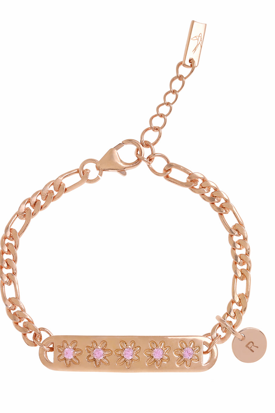 A detailed image of the rose gold Daisy Bracelet by Bluebird Jewellery, featuring five dainty daisies with soft pink cubic zirconia centres, crafted as elegant fine jewellery with an initial pendant.