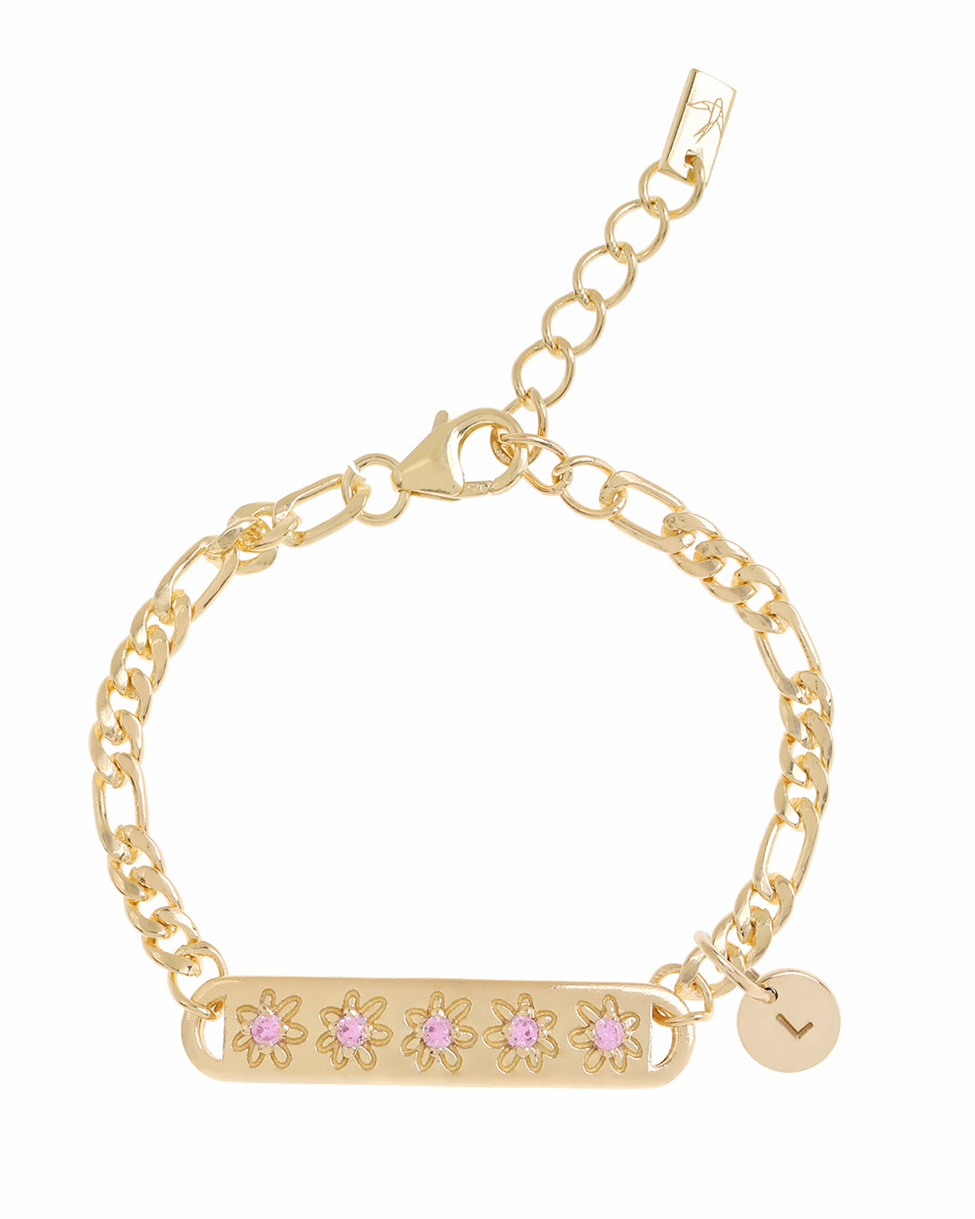 The Daisy Bracelet by Bluebird Jewellery, featuring five hand-drawn daisies with pink cubic zirconia centres, crafted as a feminine and floral fine jewellery piece with an initial pendant.