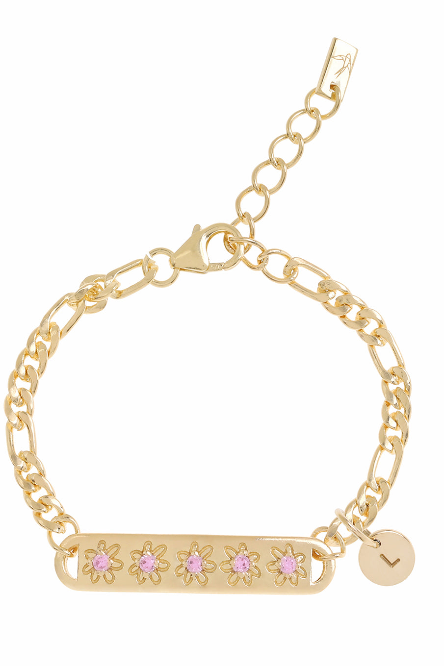 The Daisy Bracelet by Bluebird Jewellery, featuring five hand-drawn daisies with pink cubic zirconia centres, crafted as a feminine and floral fine jewellery piece with an initial pendant.