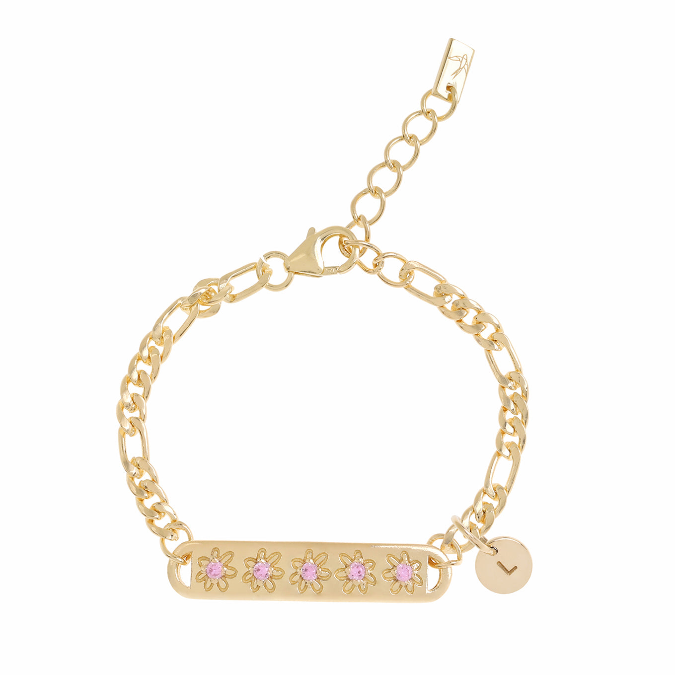 The Daisy Bracelet by Bluebird Jewellery, featuring five hand-drawn daisies with pink cubic zirconia centres, crafted as a feminine and floral fine jewellery piece with an initial pendant.