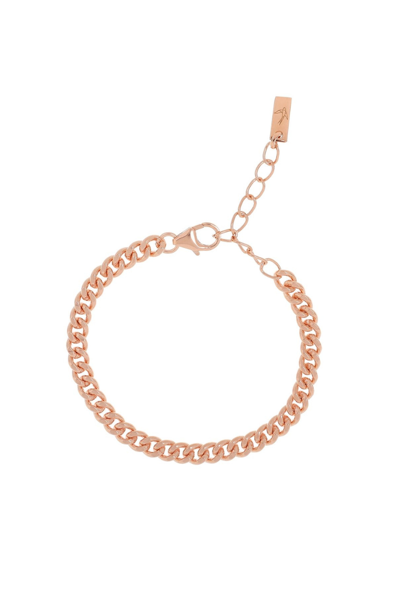A polished rose gold anklet featuring a delicate chain design, displayed on a white background to highlight its craftsmanship.