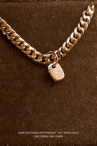 Bluebird Co cuban link bracelet in gose gold with 9ct rose gold rectangular pendant