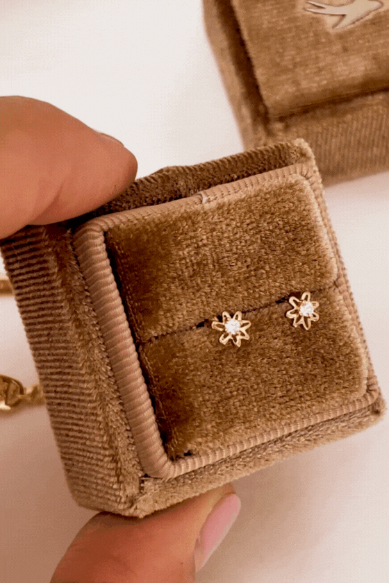 Bluebird Daisy Earrings Gold in velvet earring box. 