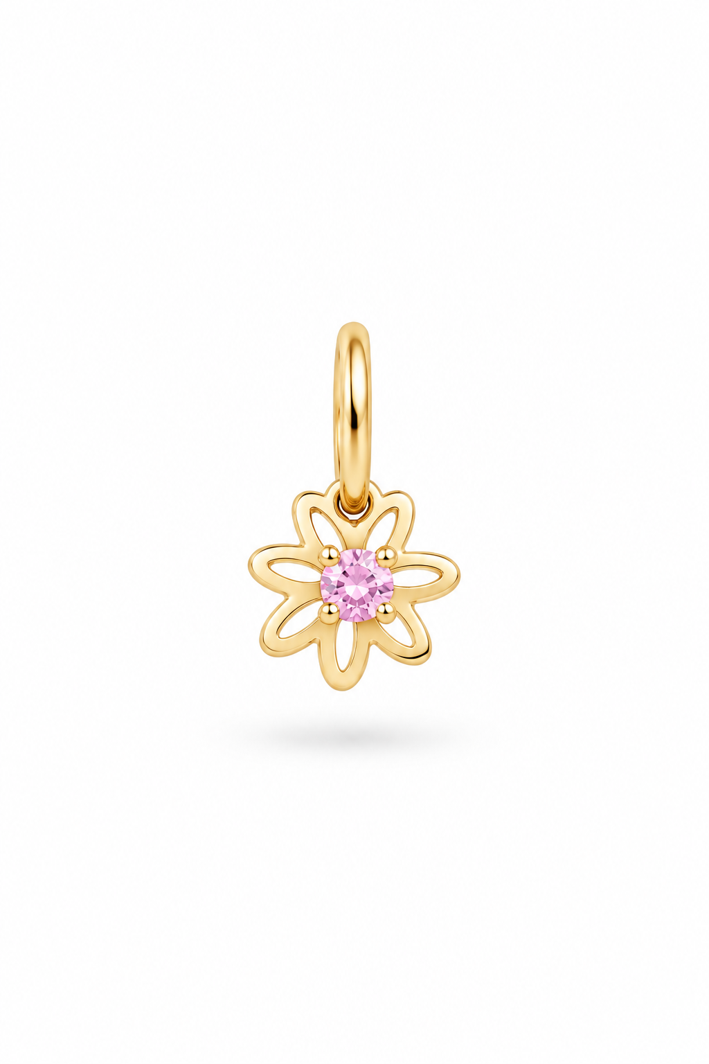 A Daisy Pendant with Pink Cubic Zirconia in the centre of it.