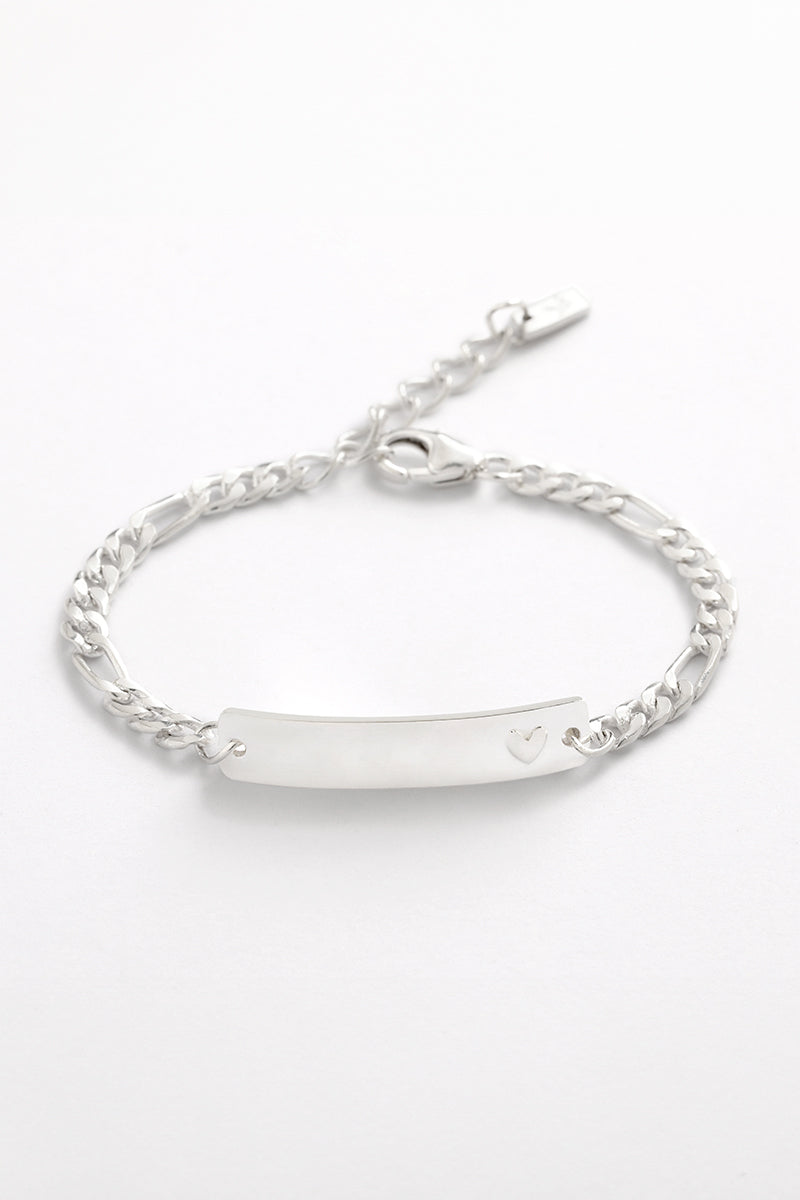 Darling Bracelet in silver with heart detail and engravable plate, designed as a timeless keepsake gift by Bluebird Jewellery.