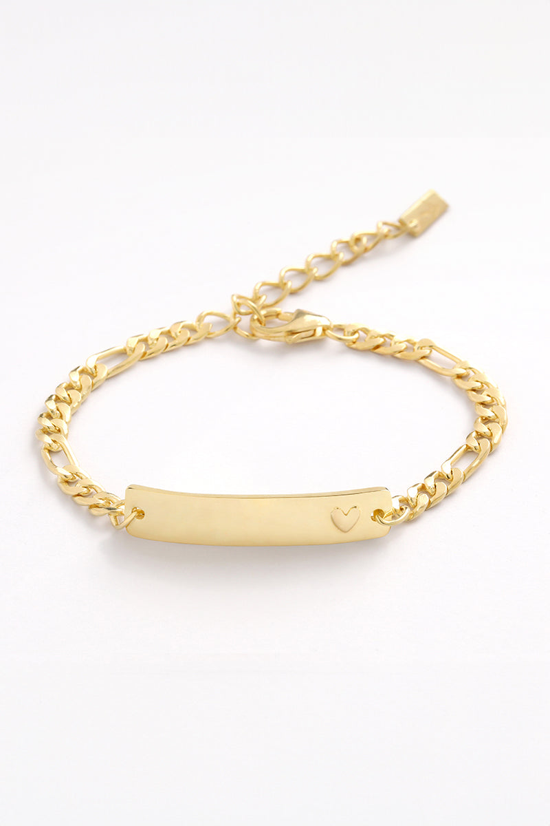 The Darling Bracelet in Gold with an engravable bar pendant on an ID bracelet.  The perfect personalised gift for a baby shower or newborn gift.