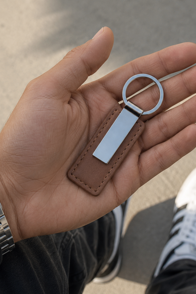 A close-up of a hand holding a blank keychain with a brown leather tag and a silver metal key ring and plate, set against an outdoor pavement background.