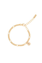 A Figaro Bracelet has a 9ct solid Gold Petite initial pendant on it by Bluebird Jewellery