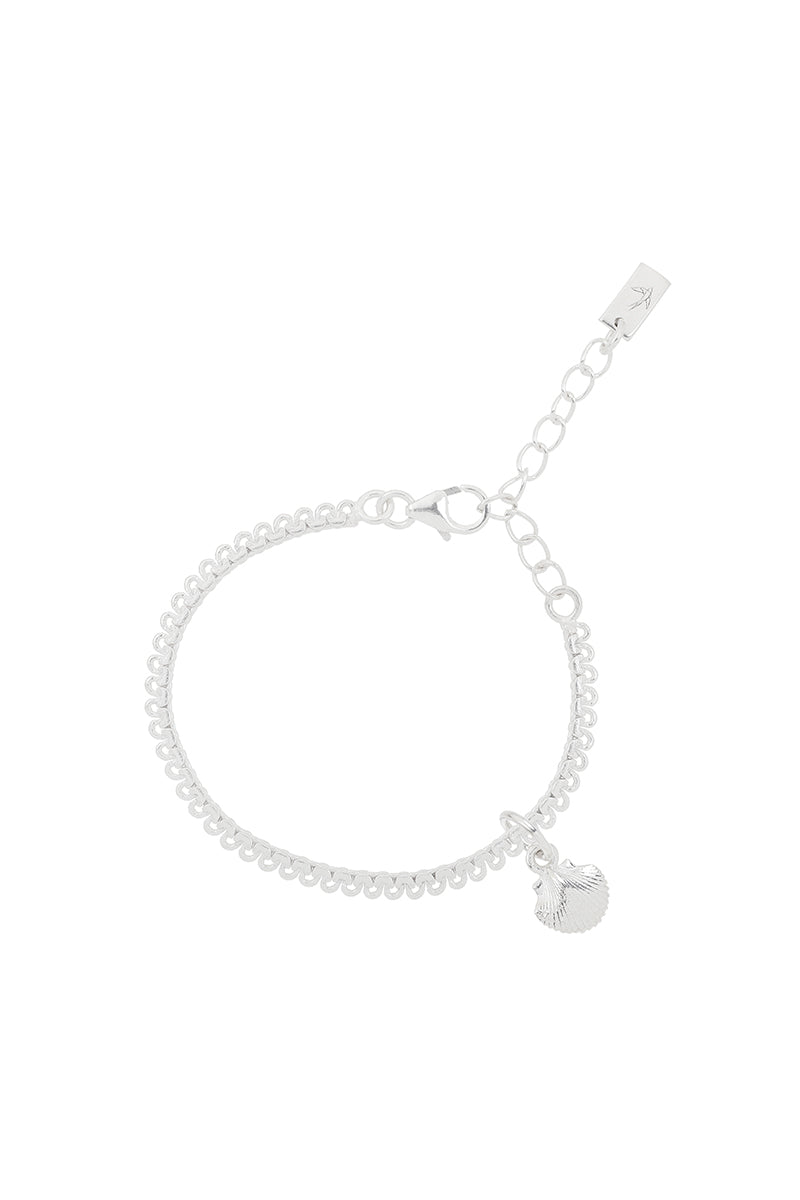 A detailed image of a silver Lace Chain Anklet with a mermaid shell charm, designed as an elegant and whimsical piece of jewellery.