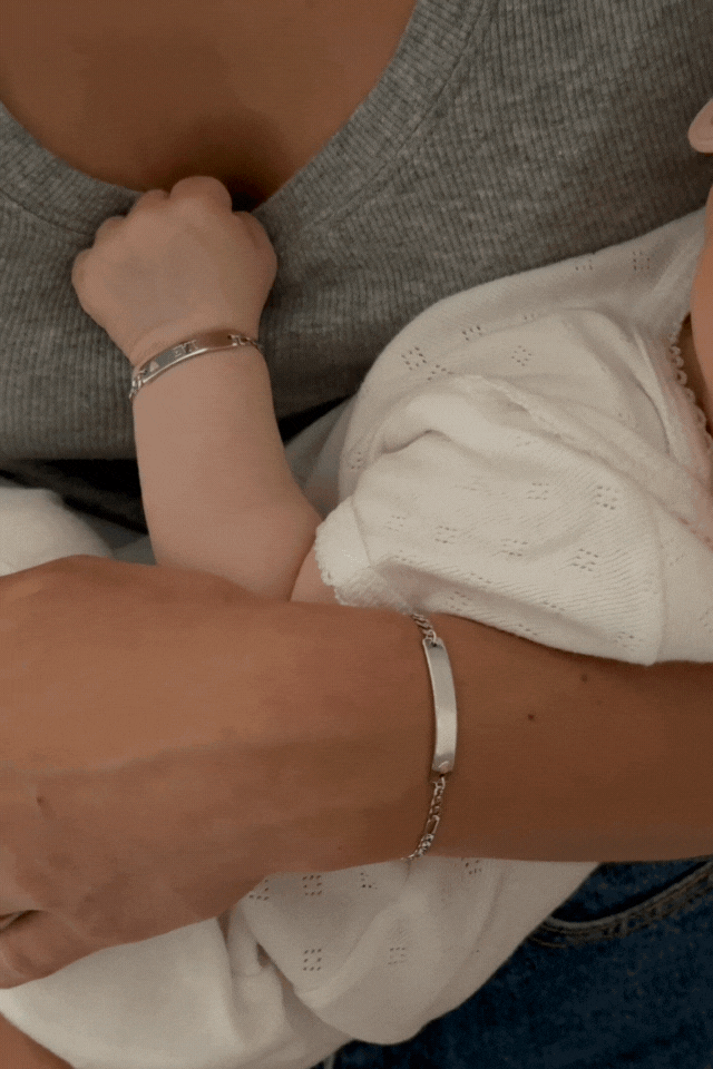 Pink Darling Silver matching bracelets with engravement 'Mae' for a personalised touch by Bluebird Jewellery.