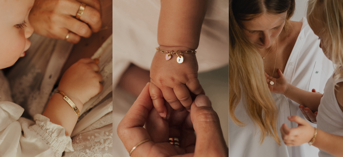 A three-panel collage showing delicate gold jewelry worn and held by adults and children, including a bracelet with small heart charms, rings, and a necklace in warm indoor lighting.