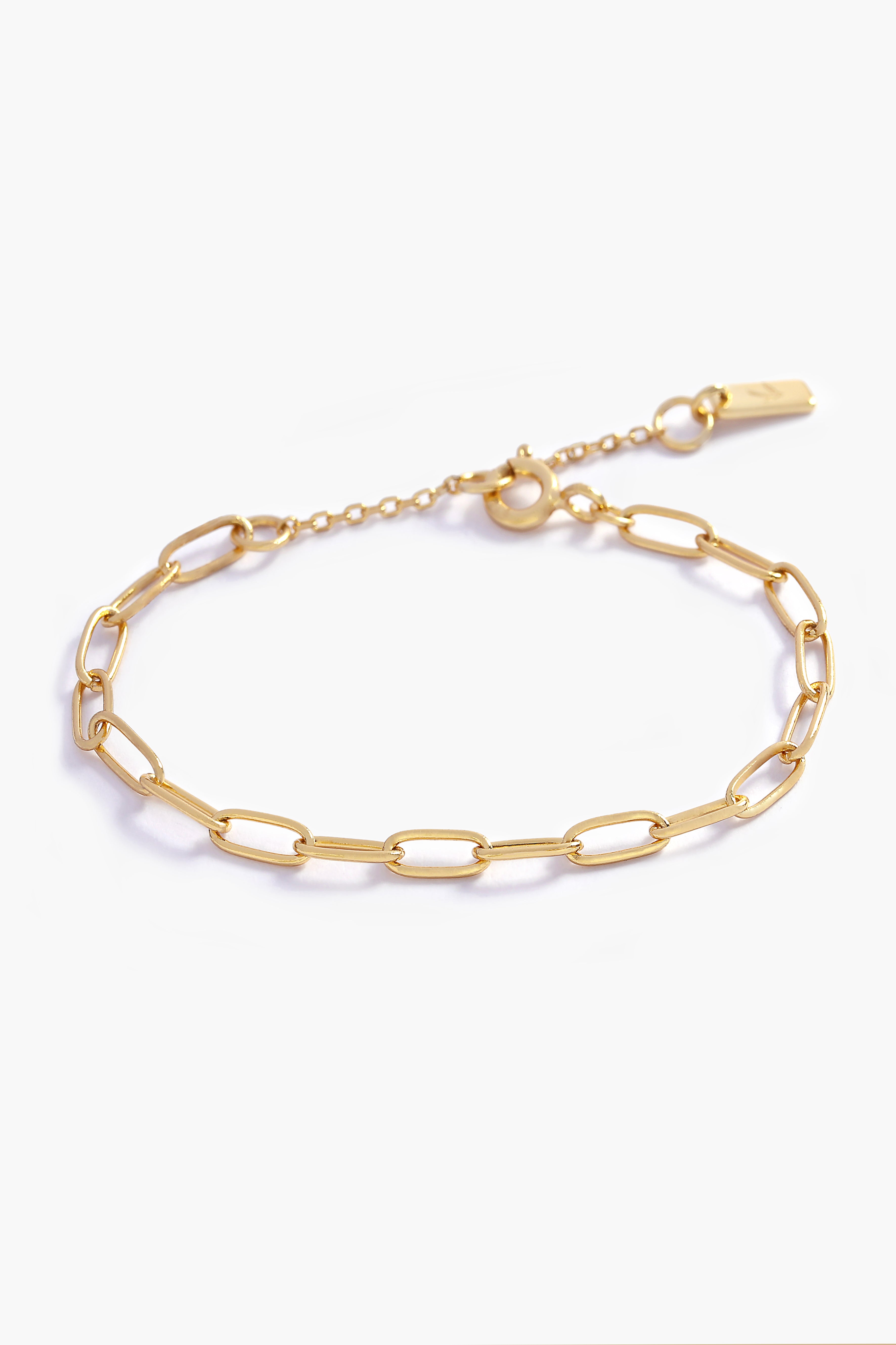 A close-up of an elegant gold chain link bracelet, crafted in fine jewellery style for a modern, feminine touch by Bluebird Jewellery.