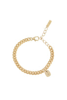 A detailed view of a gold Cuban Link Chain Necklace with a soild gold rectangular pendant, crafted as timeless minimalist jewellery