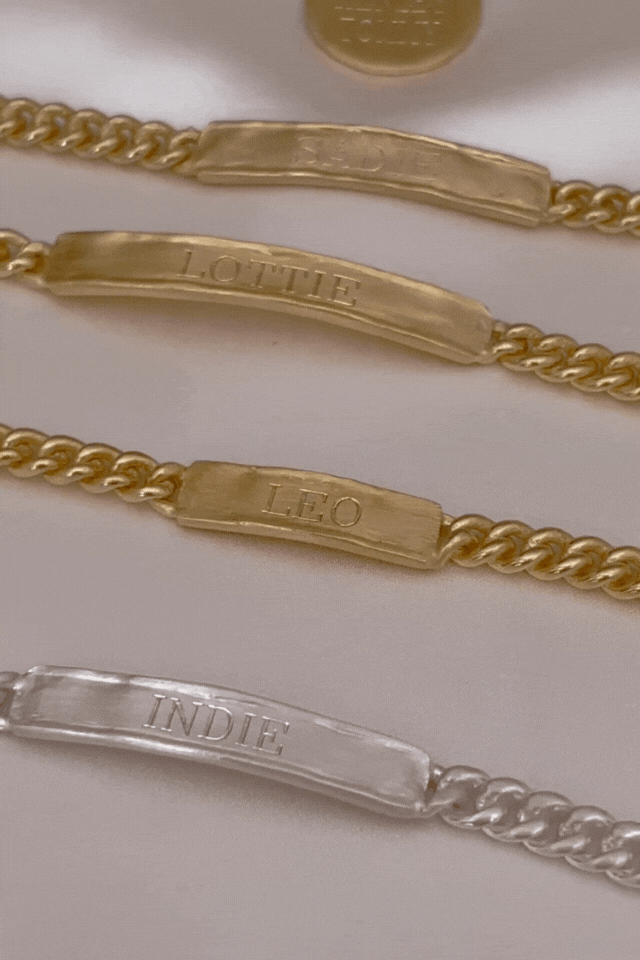 Bluebird Co signature bracelets outlay displaying the signature bracelets in gold and silver and signature pendant. 
