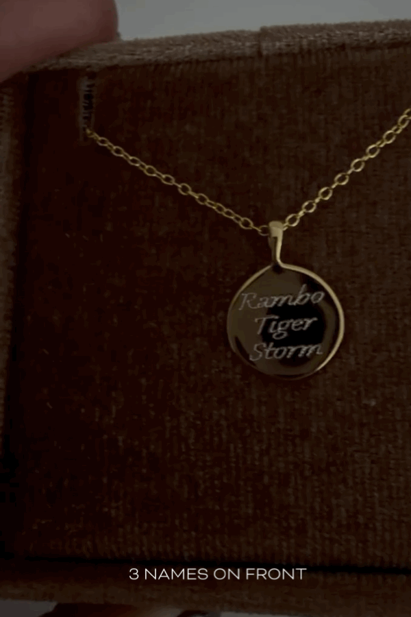 Rambo, Tiger and Storm are engraved on the front of a Signature Pendant and these are shown on the necklace chain inside the Bluebird Co brown velvet box.