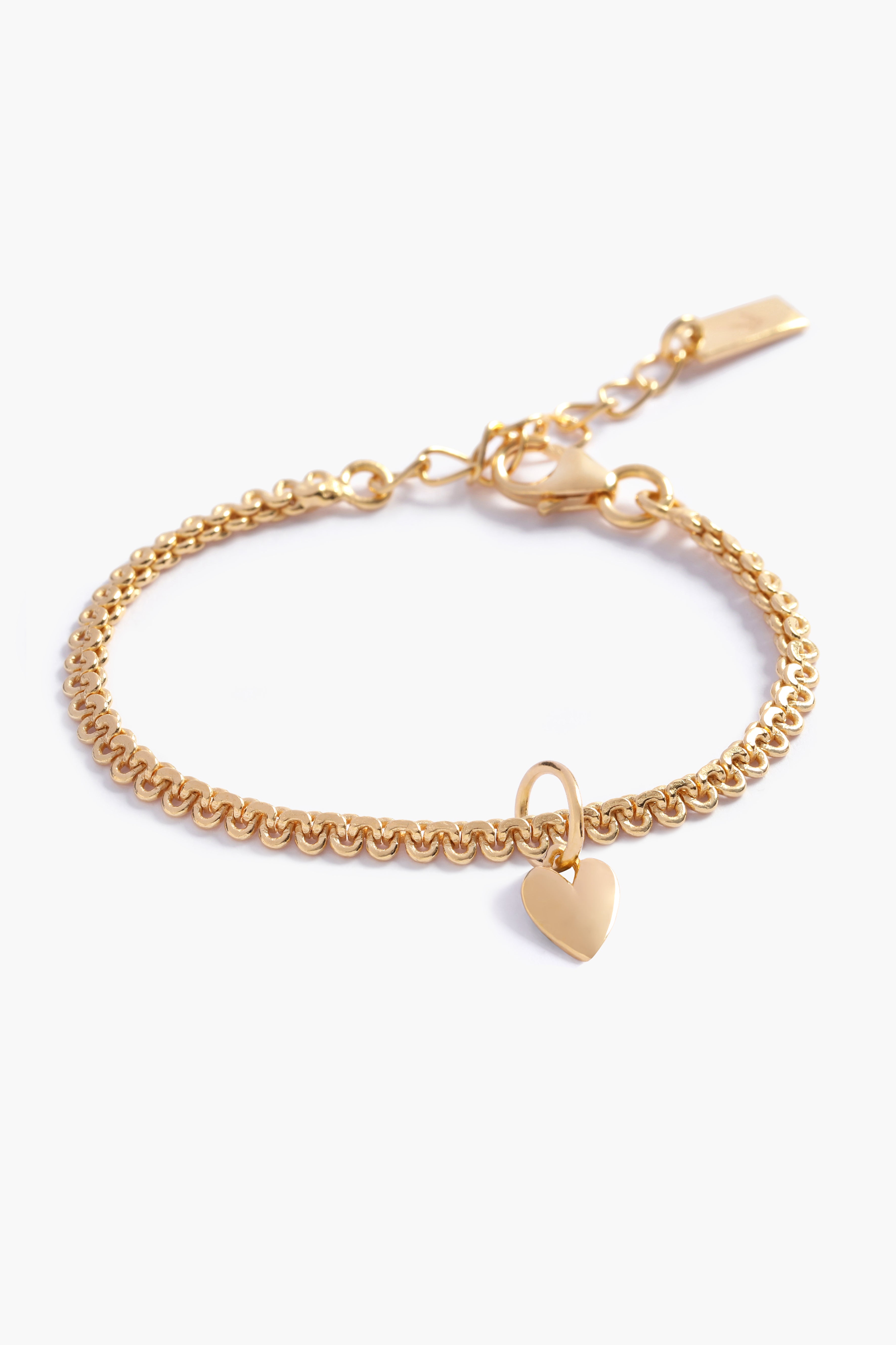 Gold chain bracelet with a heart-shaped charm on a white background. A baby bracelet with matching mum bracelet.