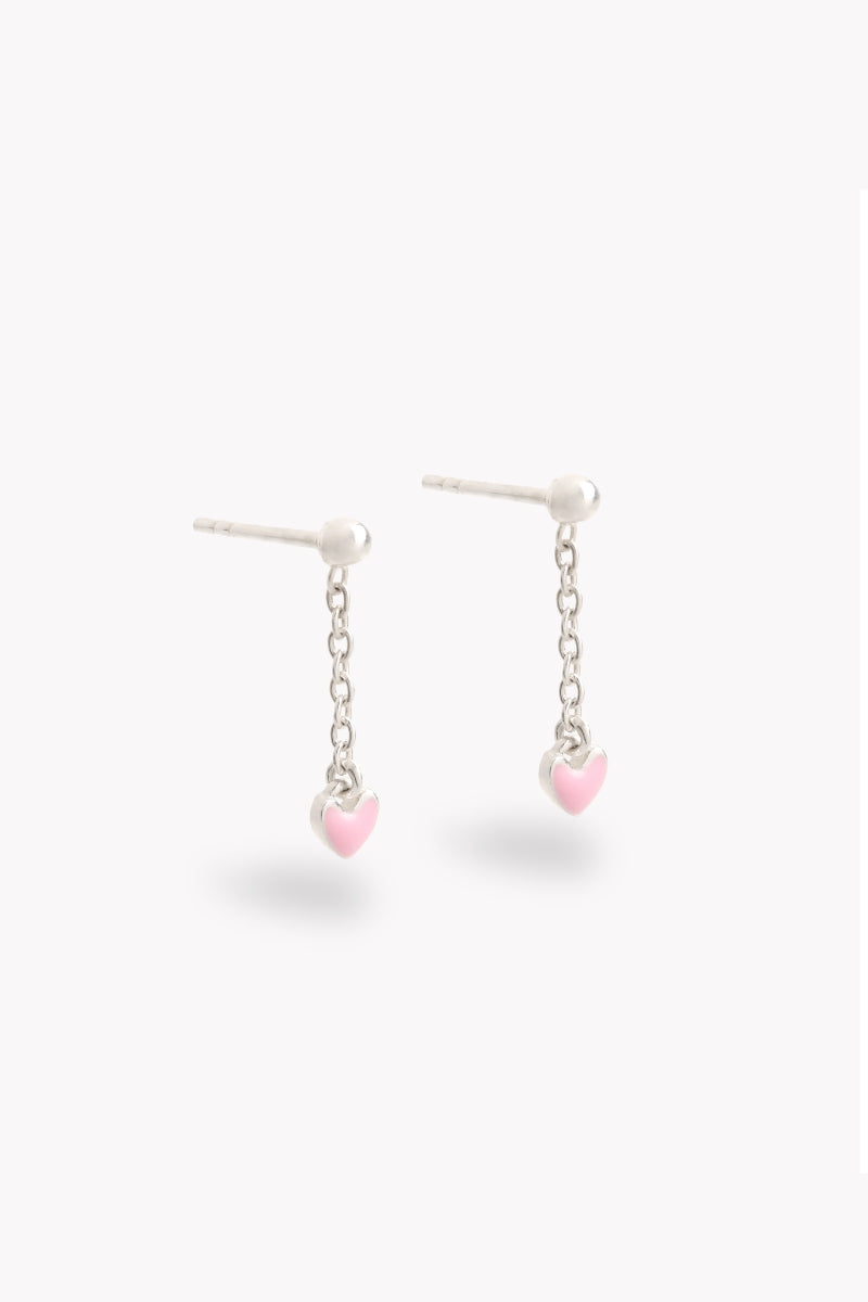 Pair of Darling Drop Sterling Silver Earrings with pink heart-shaped charms.