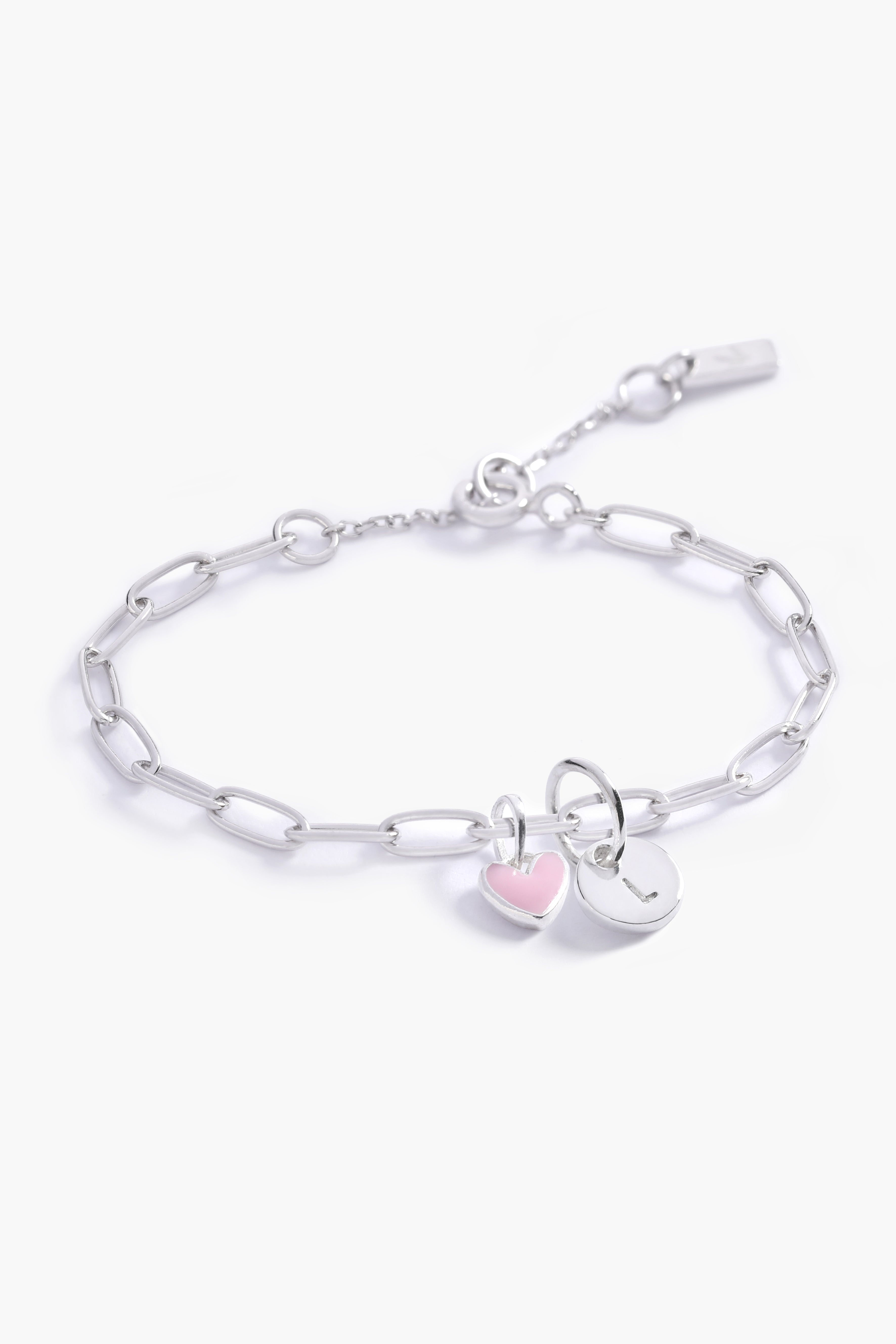 Children and toddler's Darling Posie Bracelet with pink heart charm and silver chain, a timeless personalised gift by Bluebird Jewellery