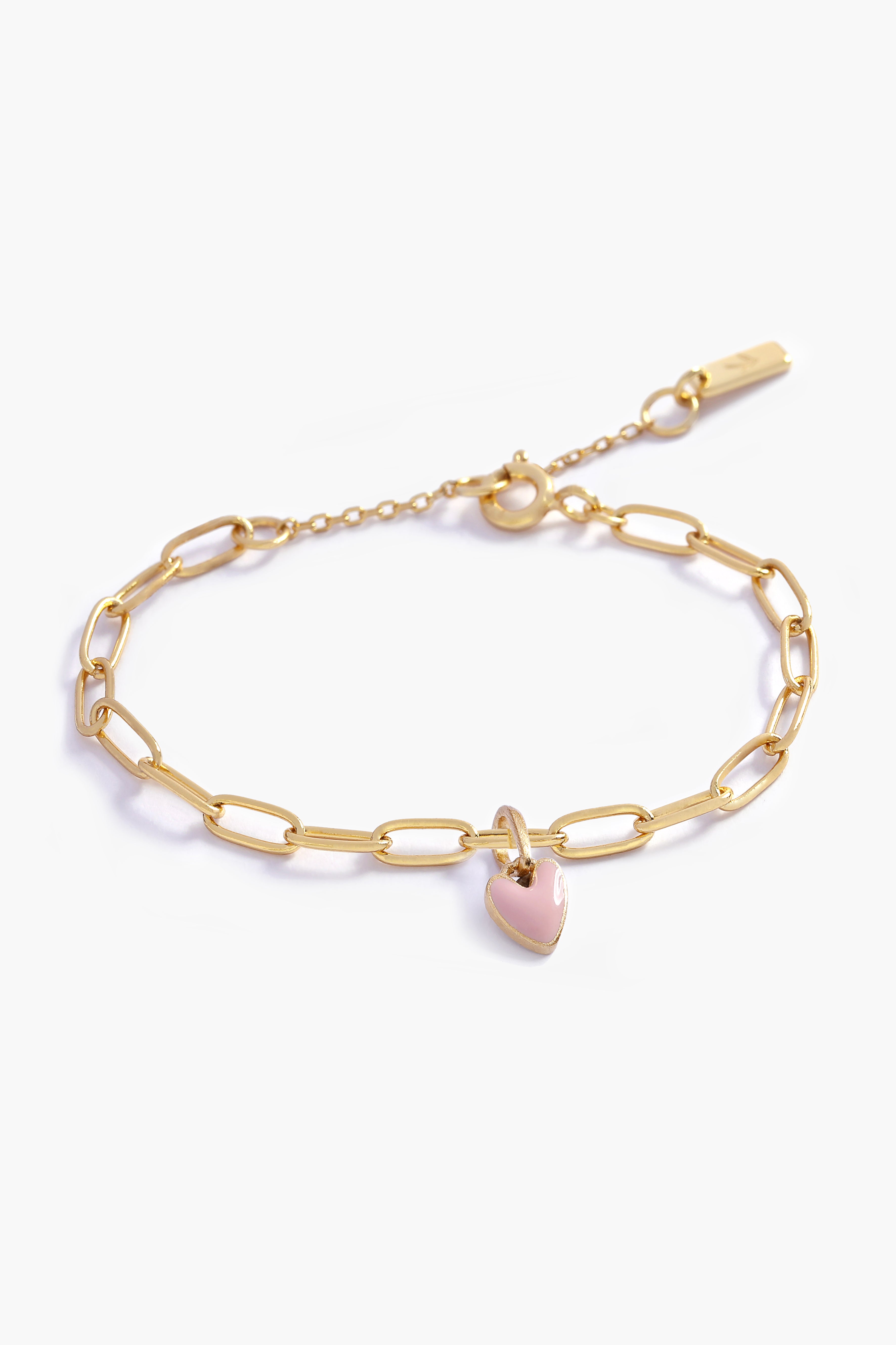 Darling Posie Bracelet with pink heart charm on gold chain, a baby keepsake bracelet. Bluebird Jewellery.