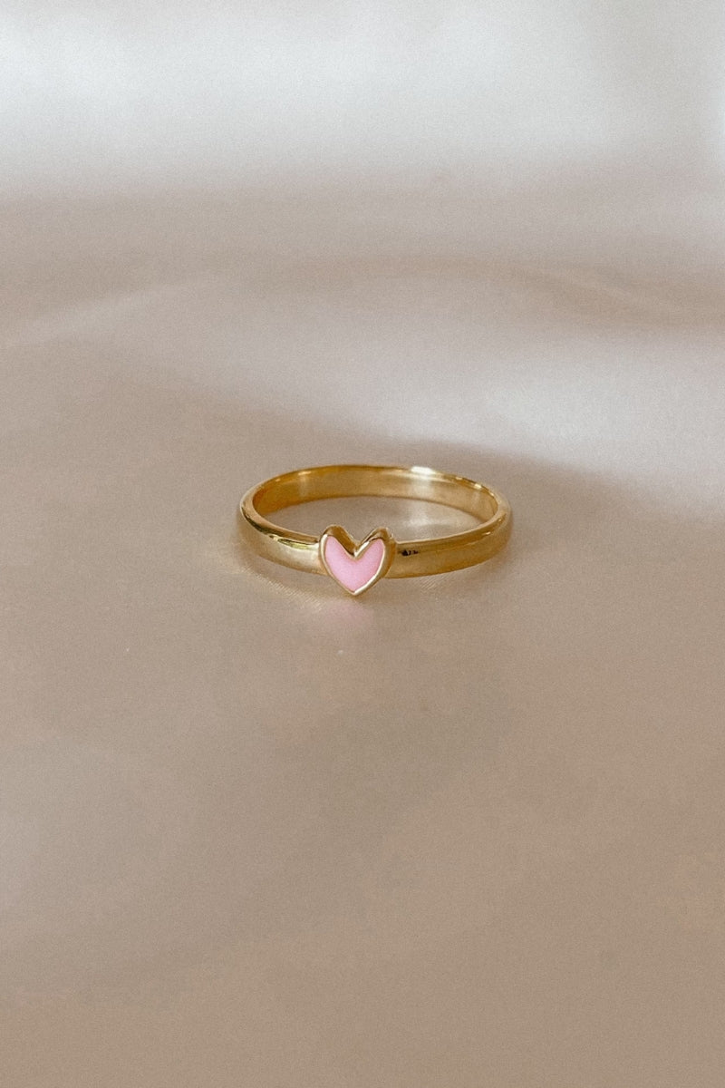 Darling Ring Gold featuring engraved pink heart centre on polished gold band. 