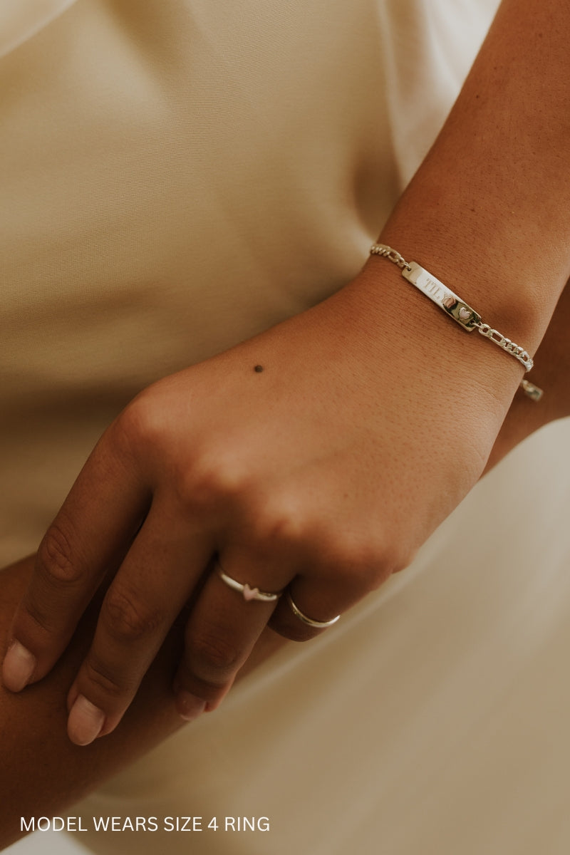 Darling Ring Silver worn with engraved bracelet, personalised jewellery for women and children