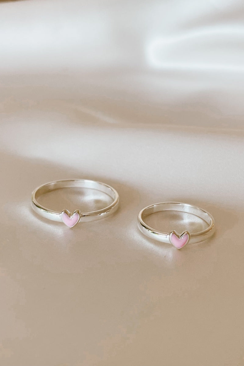 Darling Ring Silver duo with pink hearts, matching engraved rings for gifting and keepsake pieces. 