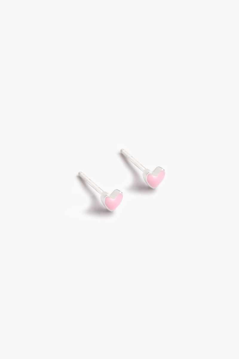 Pair of Darling Silver Earrings with pink heart detail shown from the front
