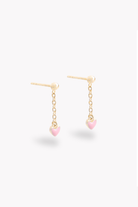 Engraved gold drop earrings with pink heart charm, suitable for everyday wear – gold drop earrings with pink heart pendant. 