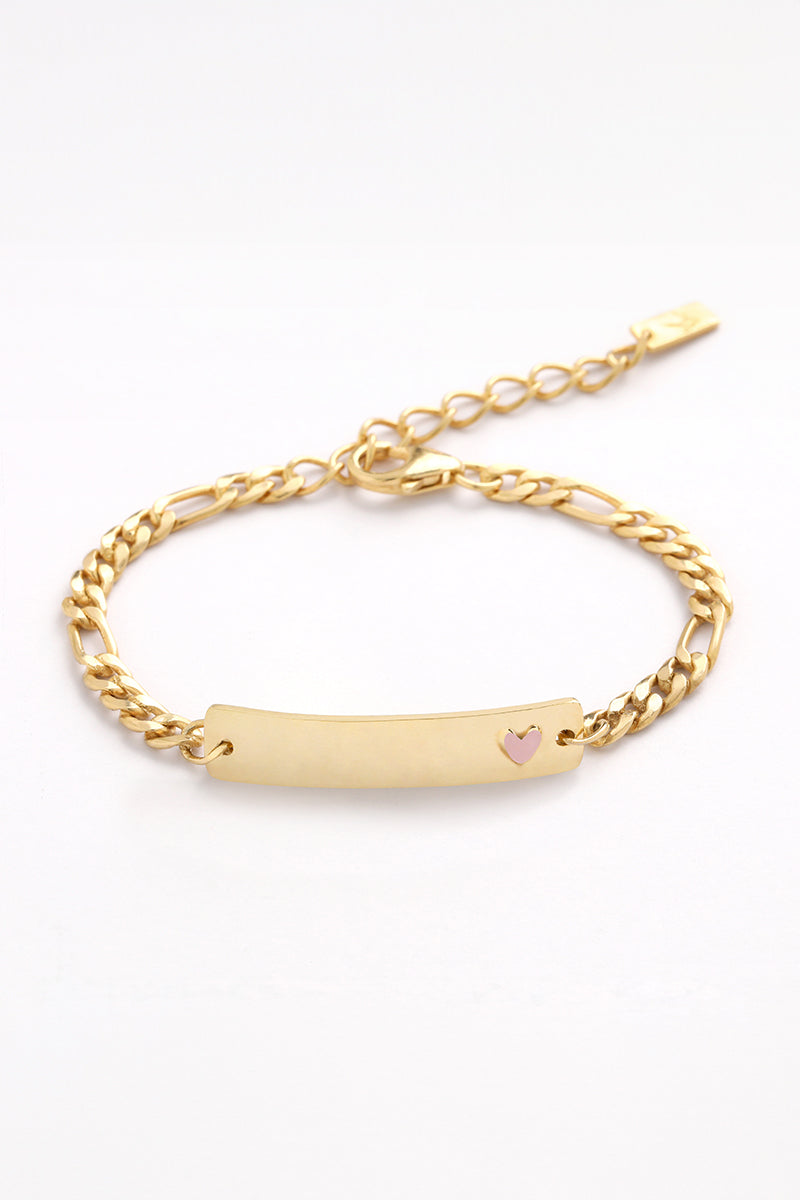 Personalised gold bracelet with blank engraving and pink heart—custom jewellery gift for babies, toddlers, or young kids by Bluebird Jewellery.