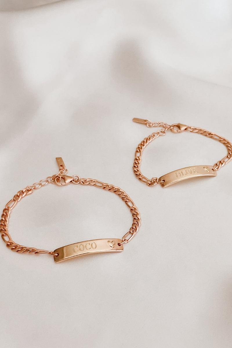 Matching set of Pink Darling Rose Gold Bracelets in two sizes, both engraved and designed for little wrists.