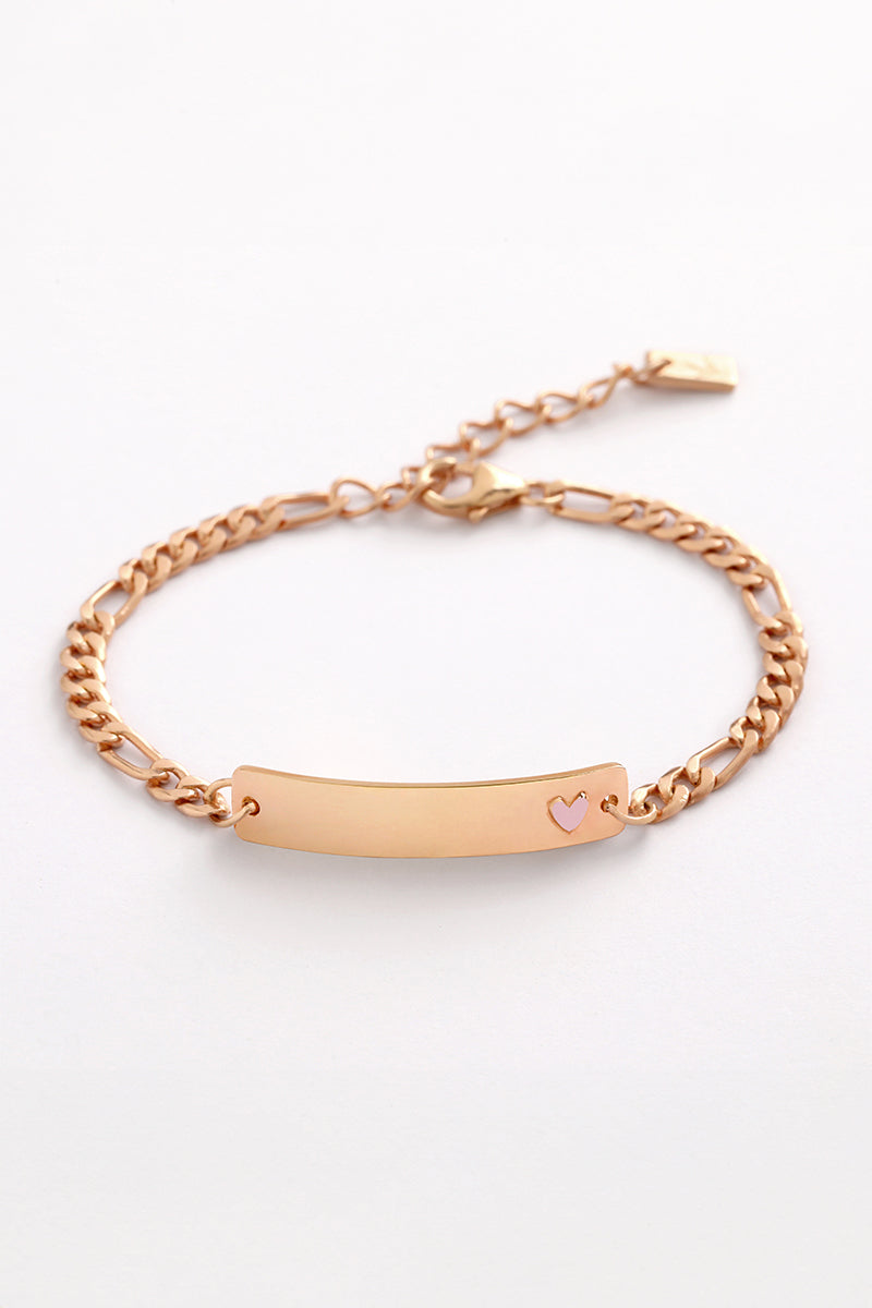 Pink Darling Rose Gold bracelet with pink heart—blank engraved bar ready to personalise for babies, kids, or adults.