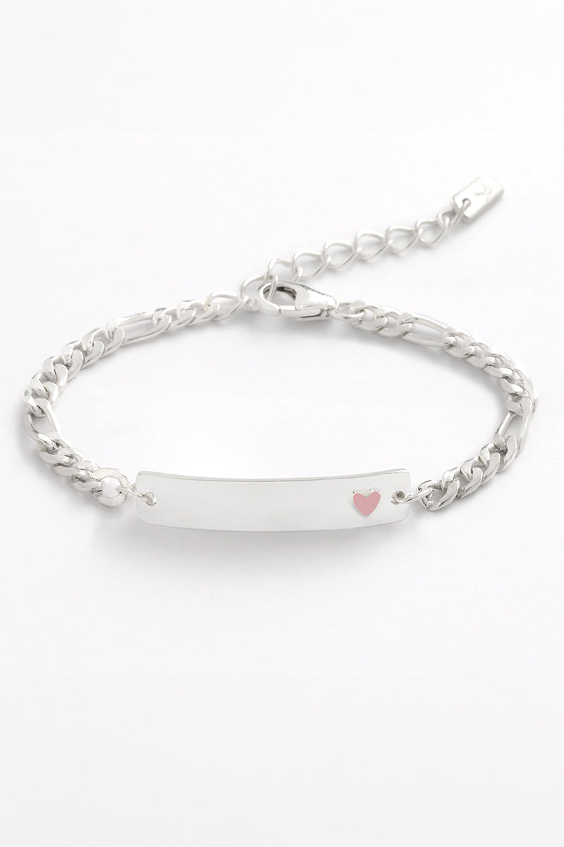 Pink Darling Silver Bracelet with engraved bar and pink heart, designed for babies, kids, or adults as a timeless keepsake by Bluebird Jewellery.
