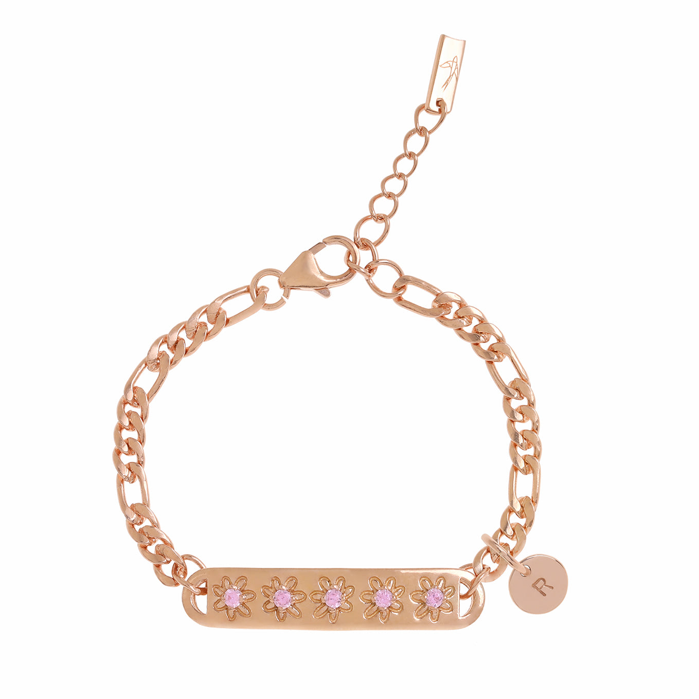 A detailed image of the rose gold Daisy Bracelet by Bluebird Jewellery, featuring five dainty daisies with soft pink cubic zirconia centres, crafted as elegant fine jewellery with an initial pendant. 