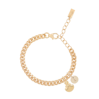 The Little Mermaid bracelet in Gold Vermeil with a mini shell pendant and a solid 9ct gold initial pendant. This bracelet has an adjustable extension chain and is made by certified fair trade artisans.