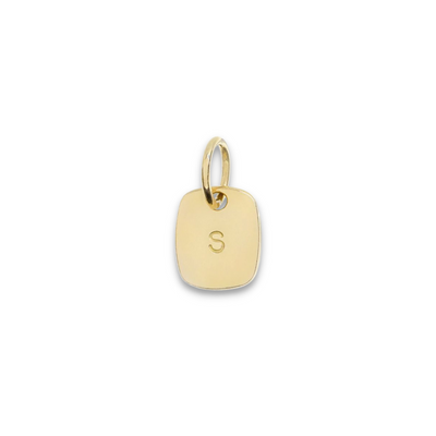 A product image showing a clear representation of the regular solid 9ct gold rectangular pendant. It has been hand stamped with an initial letter