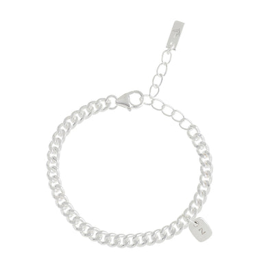  The Rectangular Pendant bracelet product image showing a clear representation of the sterling silver cuban link bracelet along with one solid sterling silver initial pendant on the bracelet.