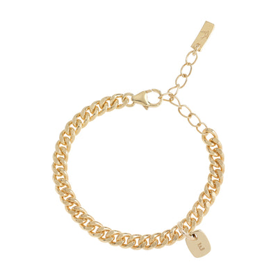 The Rectangular Pendant bracelet product image showing a clear representation of the gold cuban link bracelet along with one solid 9ct gold initial pendant on the bracelet.