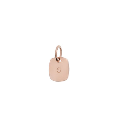 A product image showing a clear representation of the regular solid 9ct rose gold rectangular pendant. It has been hand stamped with an initial